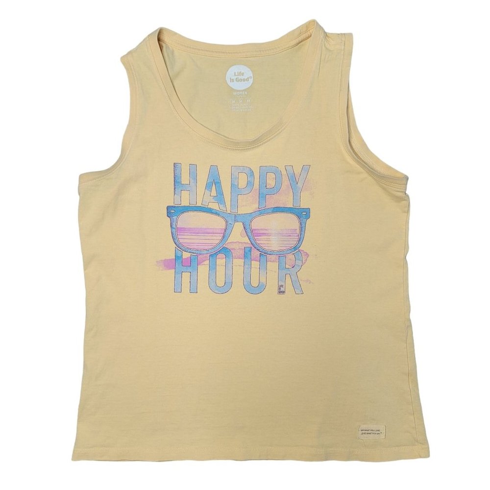 Life is good yellow sunglass happy hour 100% cotton sleeveless tank top medium